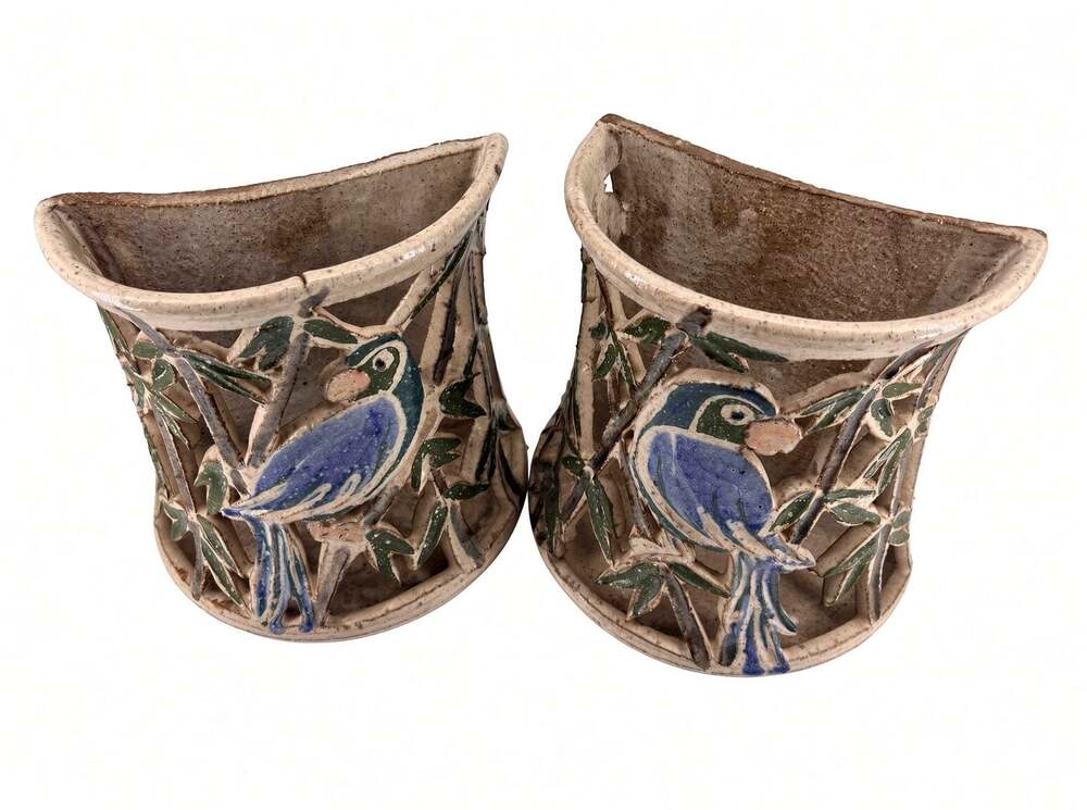 Rae 80 Vintage Hand-Thrown Ceramic Wall Pocket Planters w/ Bird & Bamboo Motif